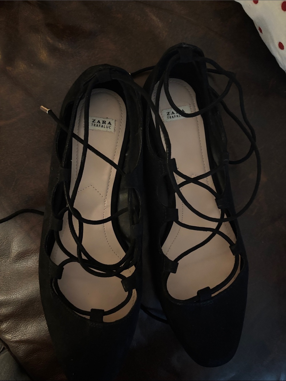 Zara Black Lace-Up Suede Ballet Flats